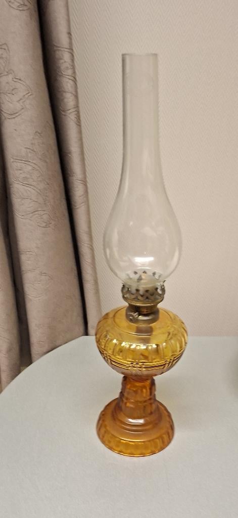 Belle lampe au kérosène Art Déco - Verre ambré -Verre marqué, Enlèvement