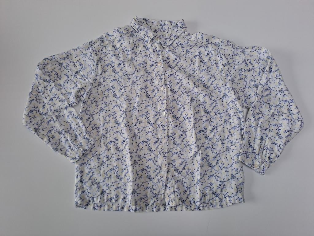 Mt 14j Witte bloes met blauw en gele planten, Meisje, AO76 American Outfitters, Overhemd of Blouse, Ophalen of Verzenden