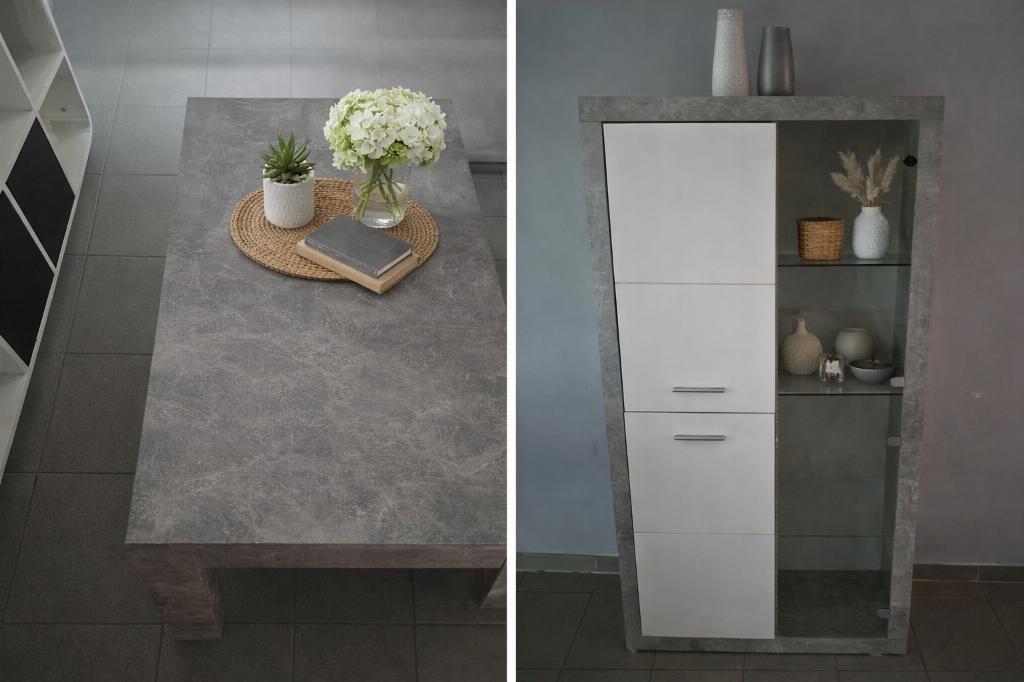 Betonlook Meubelset eettafel salontafel vitrinekast, Huis en Inrichting, Tafels | Eettafels, Gebruikt, 150 tot 200 cm, 200 cm of meer