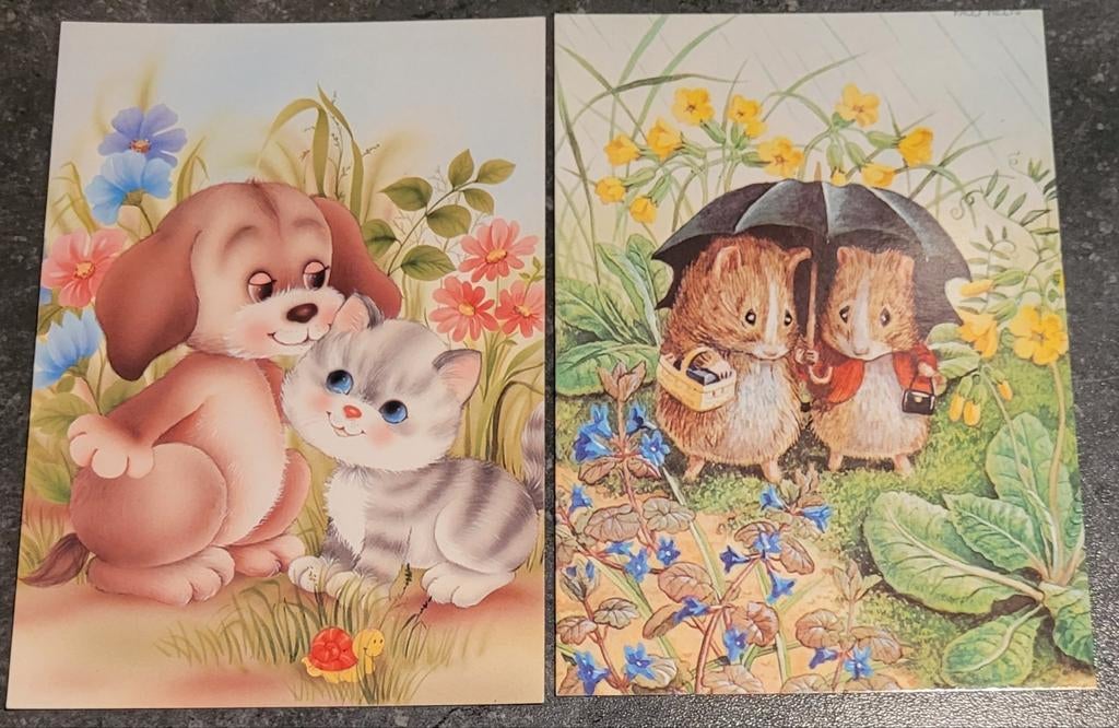 2 postkaarten: katje/hondje en hamstertjes, Verzamelen, Postkaarten | Dieren, Ophalen of Verzenden, Ongelopen, Overige soorten