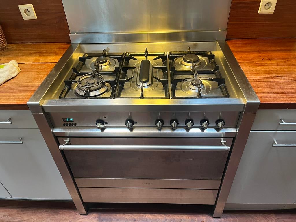 Gasvuur met electrische oven 90/90cm, Ophalen, Gebruikt, 90 tot 95 cm, 5 kookzones of meer