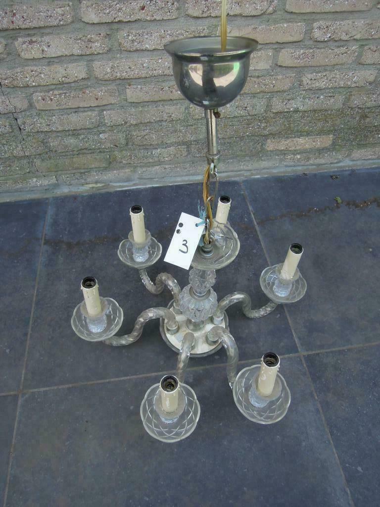 retro luster luchter glas 6 armen met beschermkapjes, Enlèvement, Utilisé, Verre, Retro