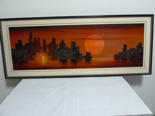 Prachtig schilderij NY zonsondergang "Camaro" 133cm op54cm, Antiquités & Art, Art | Peinture | Moderne, Textile, Peinture à l'huile
