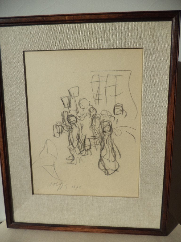 1892 Auguste OLEFFE studie schets fusain houtskool tekening, Enlèvement ou Envoi, Sous verre, Dessin