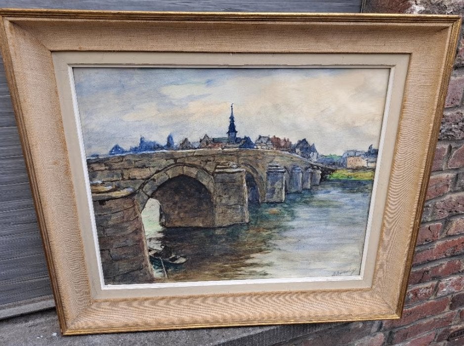 Aquarelle pont jambres signe albert dandoy, Antiquités & Art, Art | Peinture | Classique, Enlèvement ou Envoi, Aquarelle