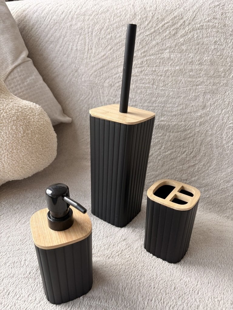 Ensemble de salle de bain noir avec détails en bambou, Enlèvement ou Envoi, Neuf, Noir, Distributeur de savon/porte-savon