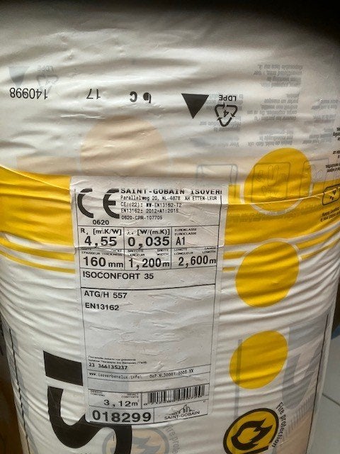 Isover Isoconfort 35 glaswol 160 mm  9 rollen, Doe-het-zelf en Bouw, Isolatie en Afdichting, Ophalen, Dakisolatie, 12 cm of meer