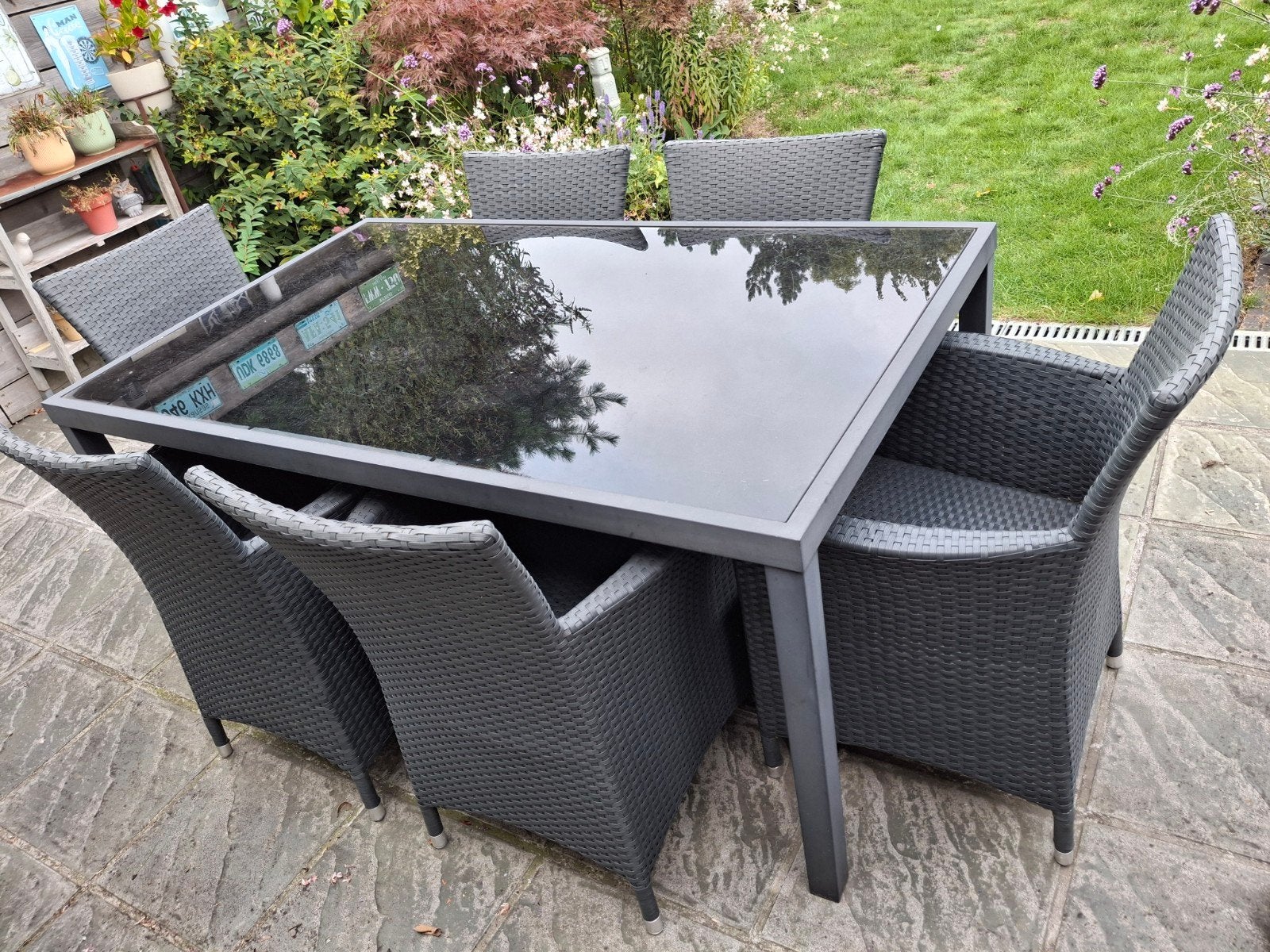Tuinset: glazen tafel met 6 stoelen, Table à dinner, Osier, Salons de jardin, Enlèvement