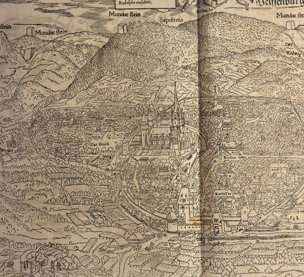 "Die Statt Wijssenburg Münster 16e eeuw Wissembourg", 28 cm, Cartografie, Ophalen of Verzenden, Houtsnede