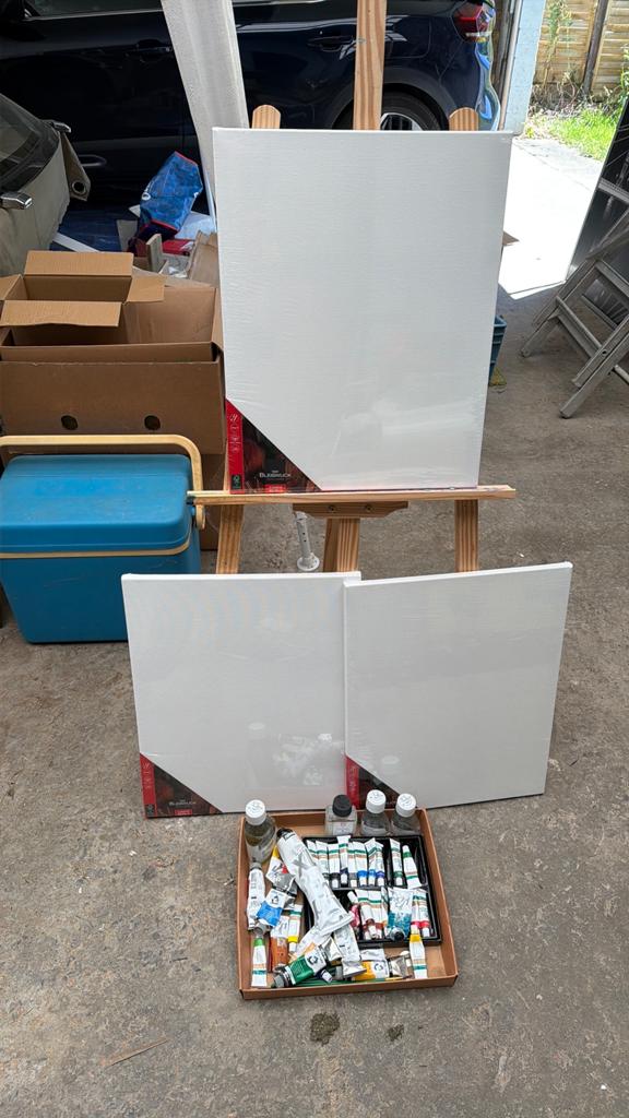 Lot peinture à l huile avec toiles et chevalet, Hobby & Loisirs créatifs, Peinture, Enlèvement, Comme neuf, Chevalet