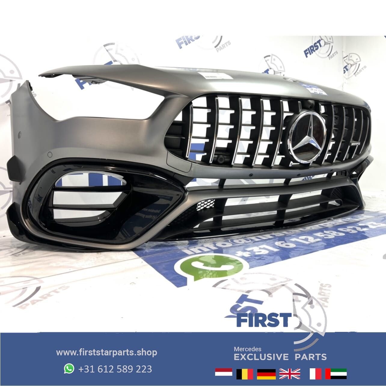 C118 CLA 45 AMG AERO VOORBUMPER + GT GRIL COMPLEET MAT GRIJS, Gebruikt, -, Voor, Ophalen of Verzenden