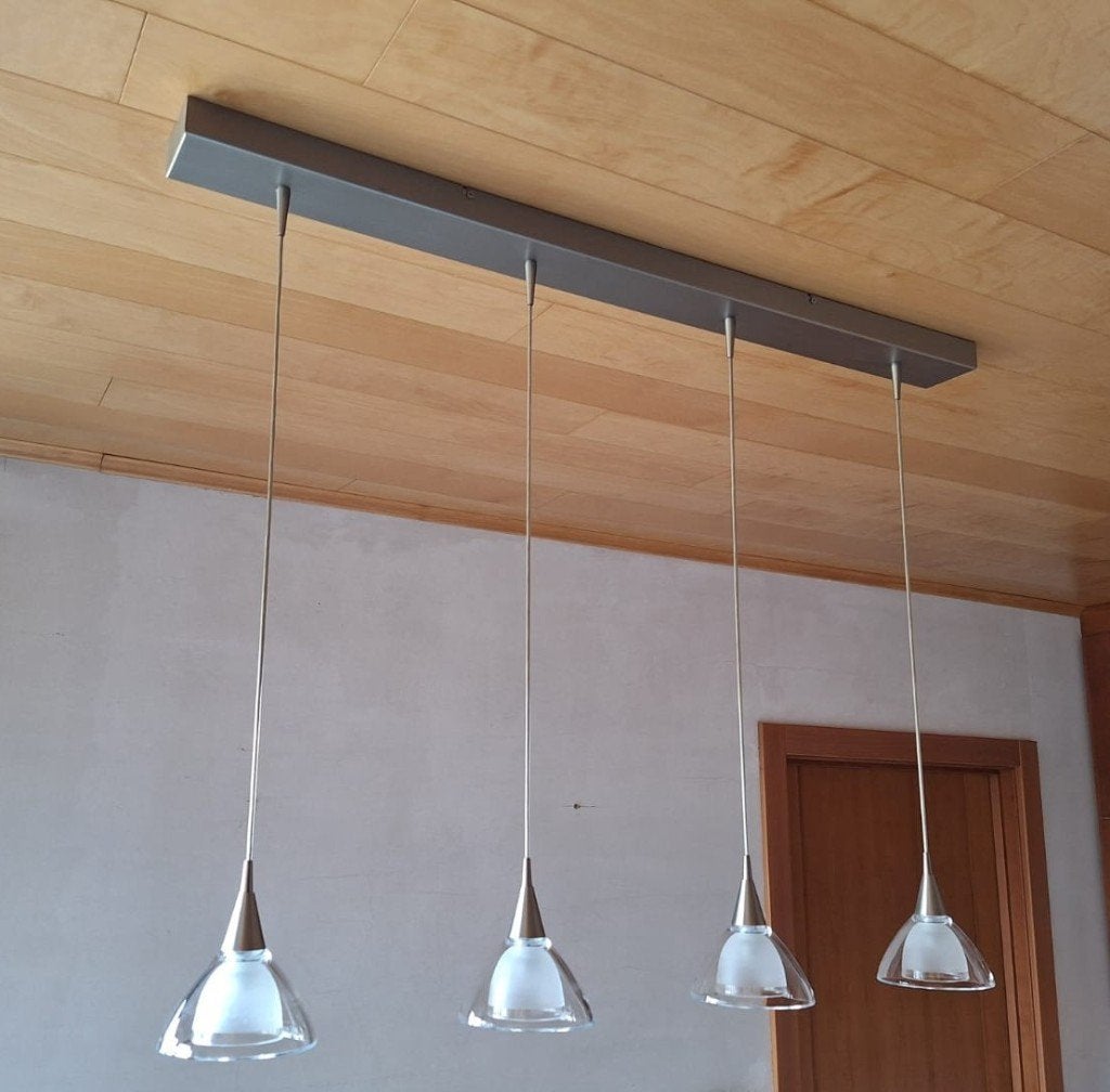 Moderne hanglamp met 4 glazen lampen, Ophalen, Zo goed als nieuw, Glas