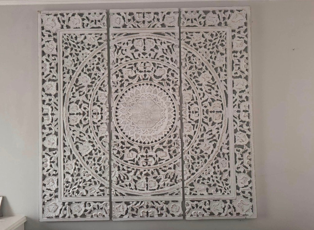 Groot handgesneden houten wandpaneel / mandala wanddecoratie, Ophalen of Verzenden, Zo goed als nieuw, Geel