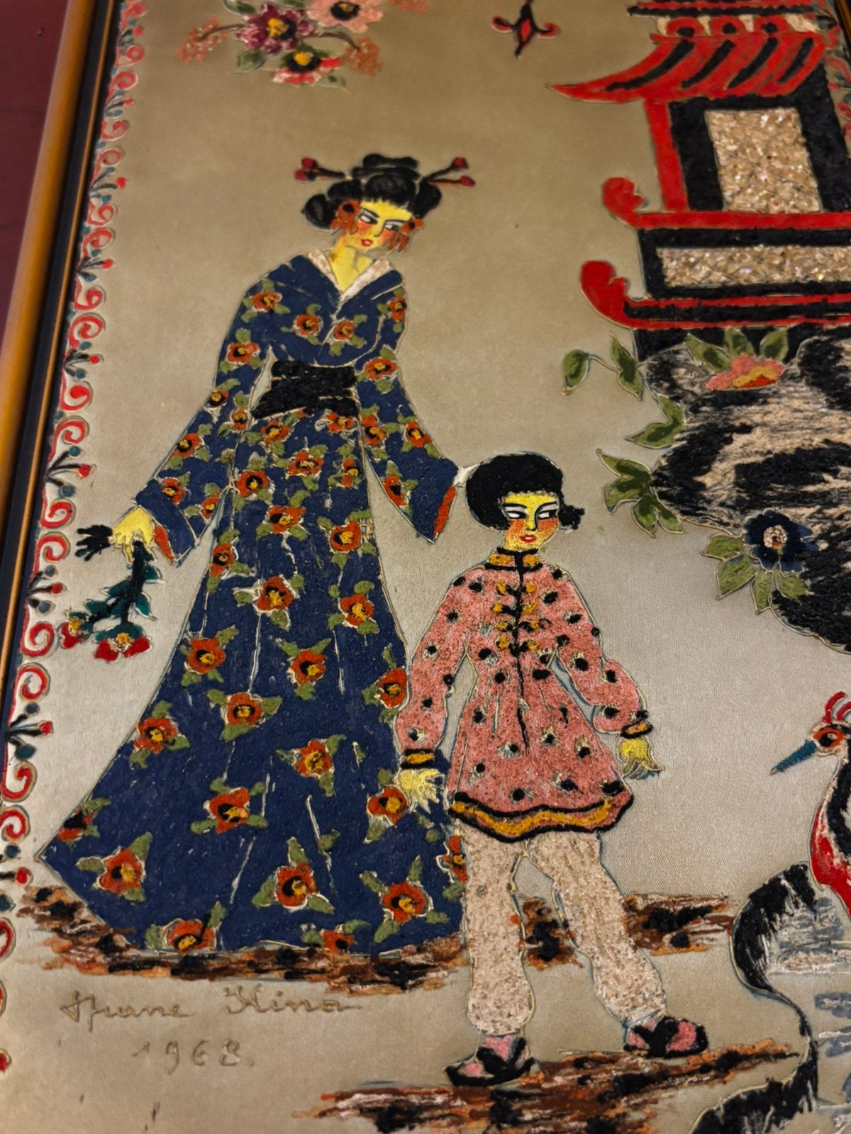 Textile mural brodé en soie, Enlèvement