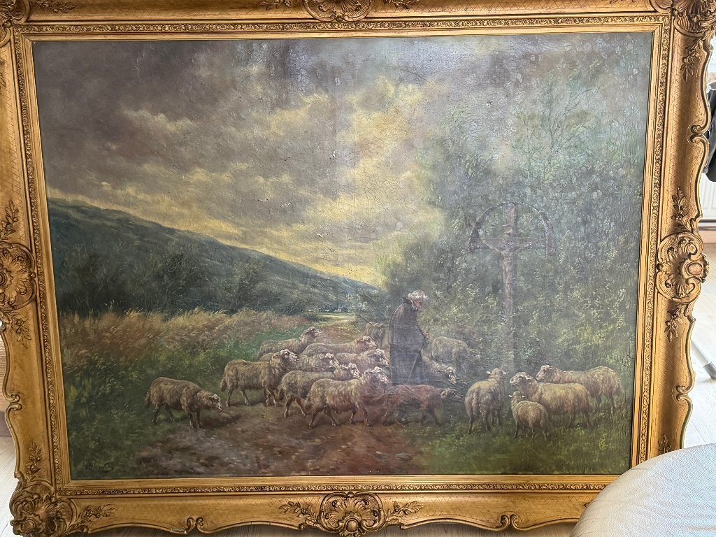 Herder met schapenkudde schilderij, Ophalen, Doek, Dieren, Olieverf