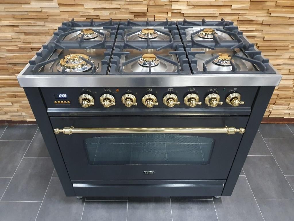 🔥Luxe Boretti Fornuis 90cm antraciet messing 6 pit 300° ove, Ophalen, 60 cm of meer, Zo goed als nieuw, Energieklasse A of zuiniger