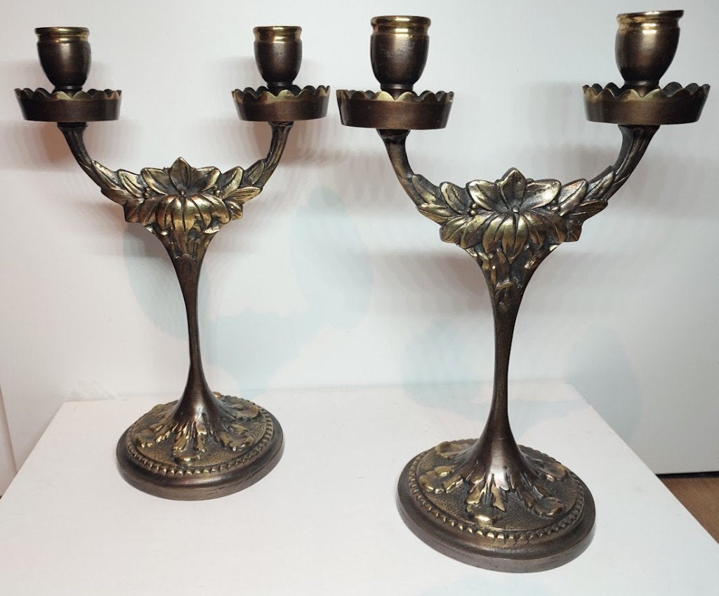 Antieke koperen kandelaars  – Louis XV/Art Nouveau stijl, Antiek en Kunst, Ophalen of Verzenden, Koper of Brons