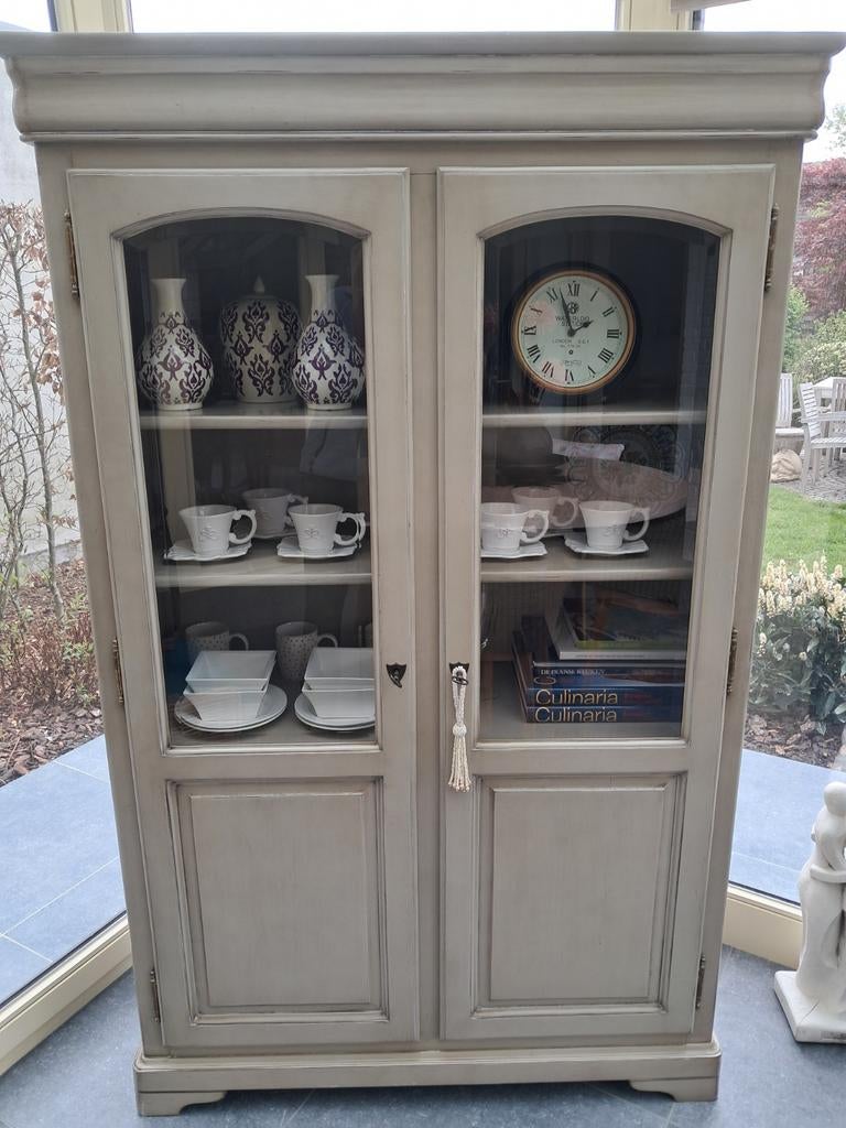 Vitrinekast, grijs gepatineerd, geslepen glas, Vintage, Comme neuf, Verre, Enlèvement