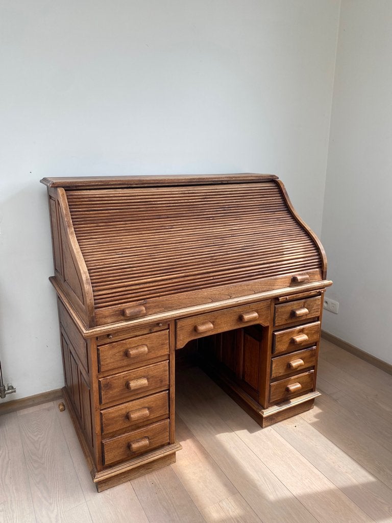 Roll top/tambour bureau, massief eik (1900-1930), Huis en Inrichting, Bureaus, Ophalen, Gebruikt, 120 cm, Hout