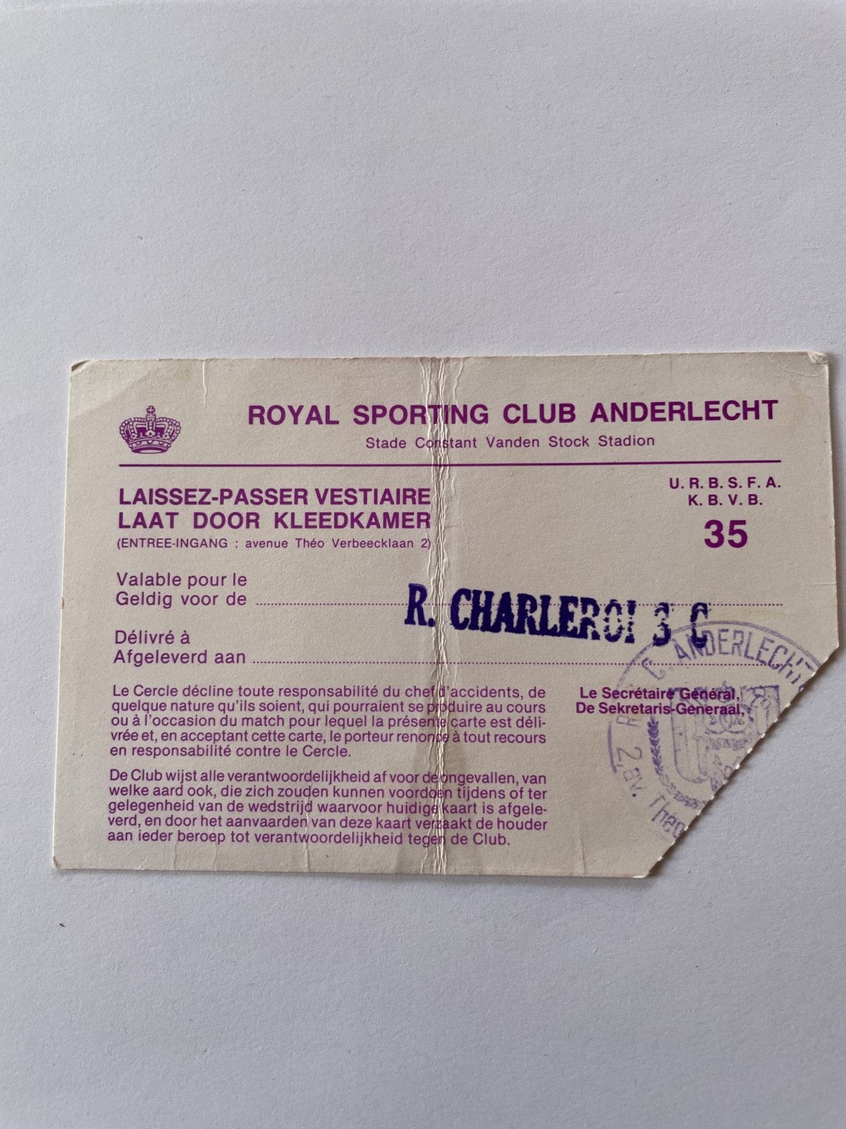 Ticket Anderlecht Rare, Enlèvement ou Envoi, Utilisé
