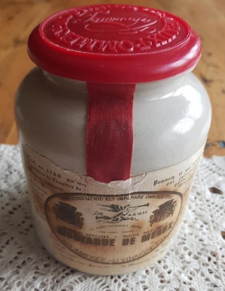Franse brocante gres mosterdpot met deksel & shabby etiket, Enlèvement ou Envoi
