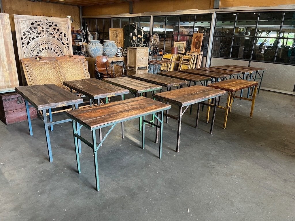 8 Oude inklapbare Cafe tafels/bistrotafels/eettafels India, Gebruikt, 100 tot 150 cm, Ibiza/Boho/Botanisch/Industrieel/Vintage