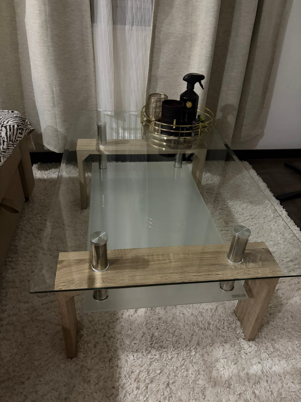 Belle table basse en bois et verre – Très bon état, Enlèvement, Comme neuf, Verre