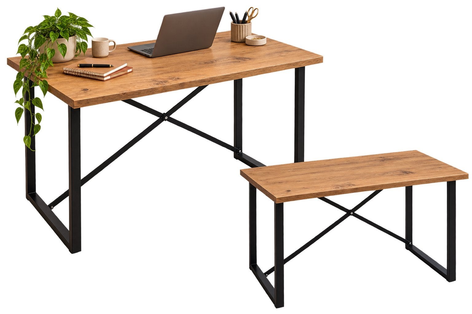 Industrieel bureau met houtlook blad & zwart metalen frame, Ophalen, Zwart, Metaal, Zo goed als nieuw