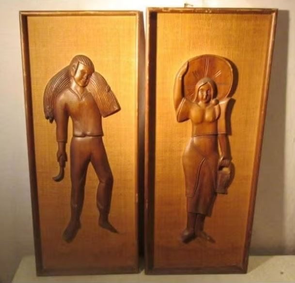 2 Prachtige Houtsnijwerken 'Man en Vrouw' - 74x31, Ophalen of Verzenden, Hout, Houtsnijwerk, Man