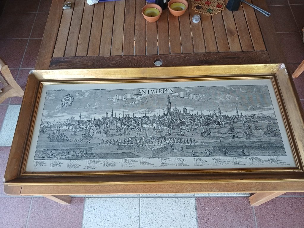 stadsplattegrond / panorama van Antwerpen, Antiek en Kunst, Kunst | Etsen en Gravures, Ophalen, Ingelijst