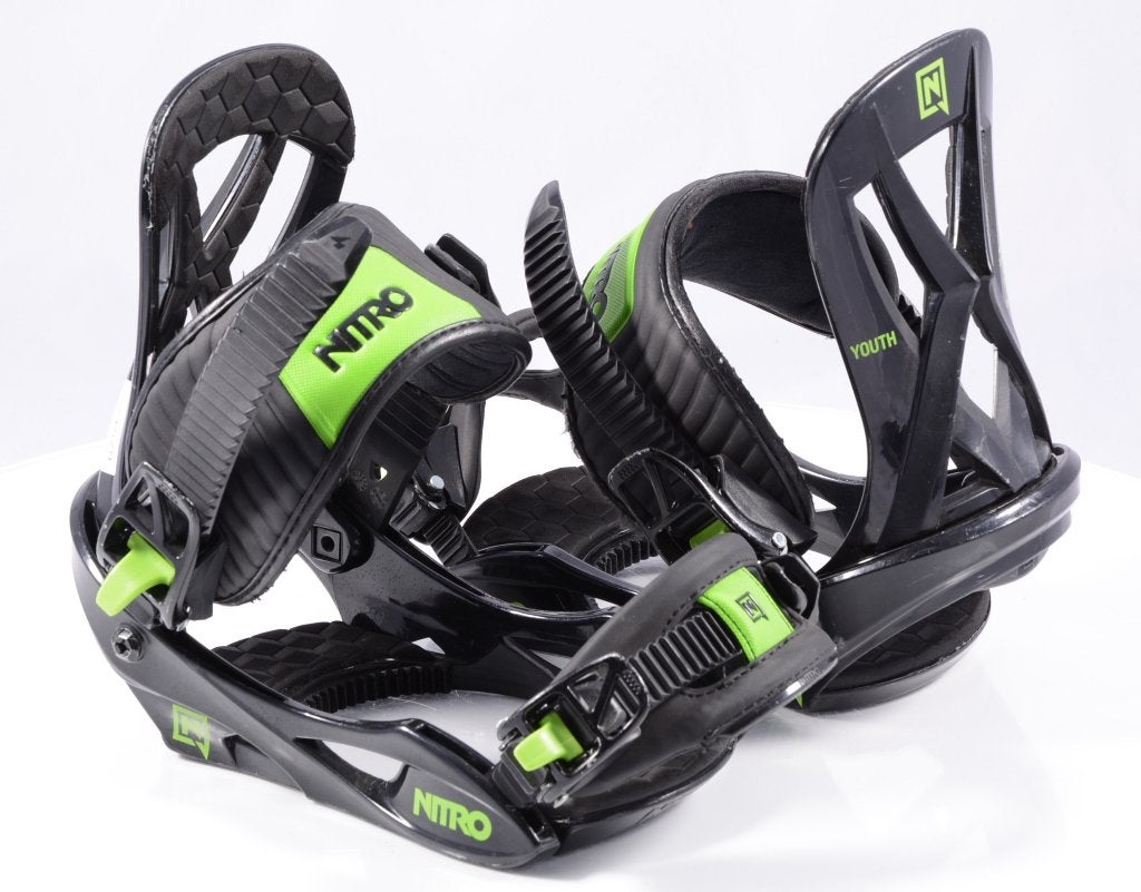 XS ; fixations de snowboard NITRO YOUTH, noir/vert (PARFAIT, Envoi, Utilisé, Fixations
