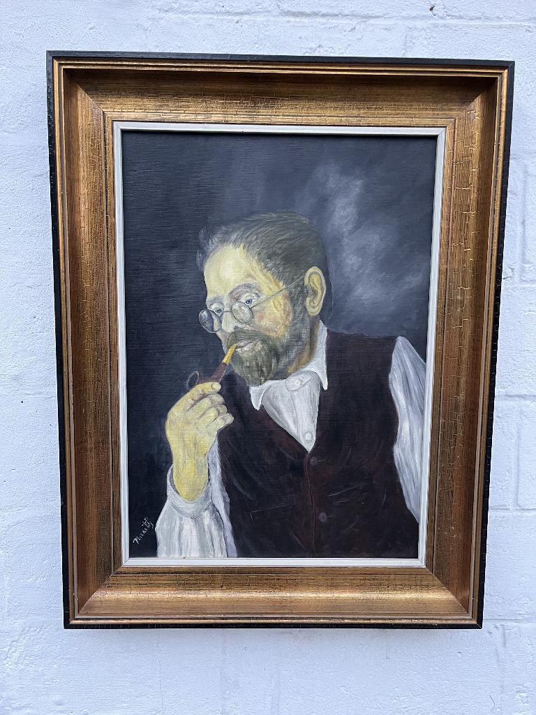 Olieverfschilderij portret – man met pijp, Antiek en Kunst, Ophalen