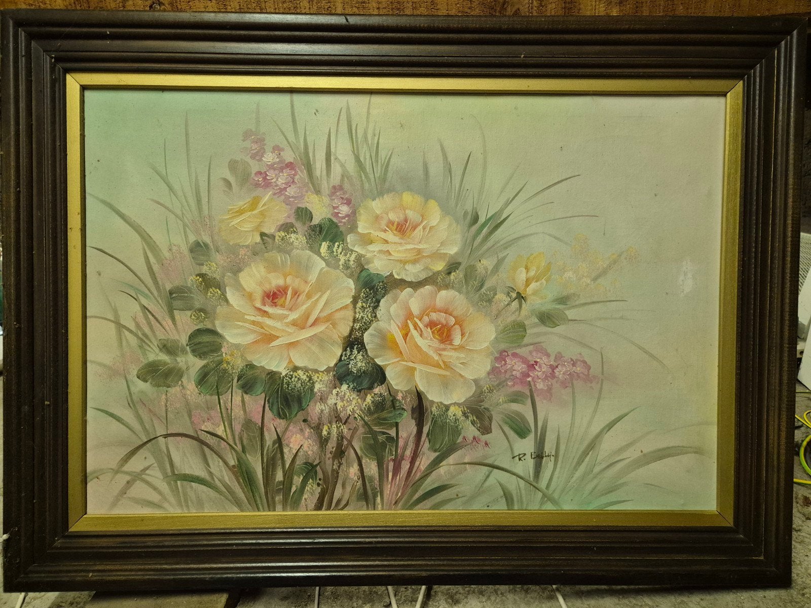 Schilderij bloemen en borduurwerk, Ophalen, Bloemen