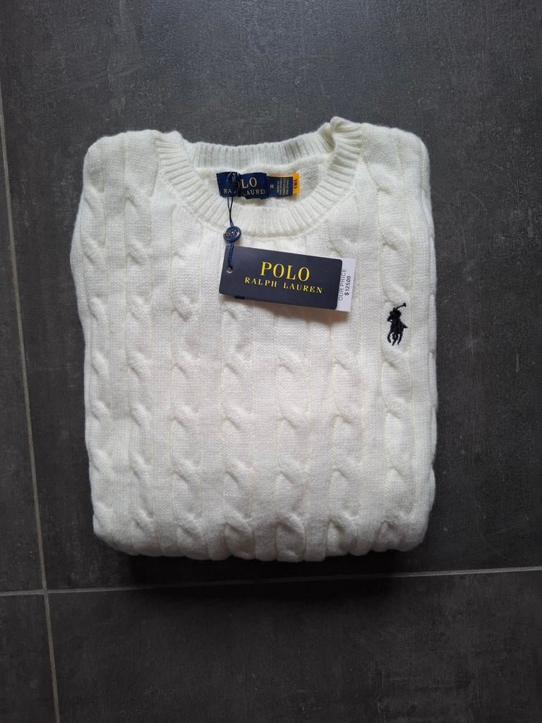 Beige/witte Ralph Lauren kabelgebreide sweater maat M, Maat 48/50 (M), Beige, Nieuw, Ophalen of Verzenden