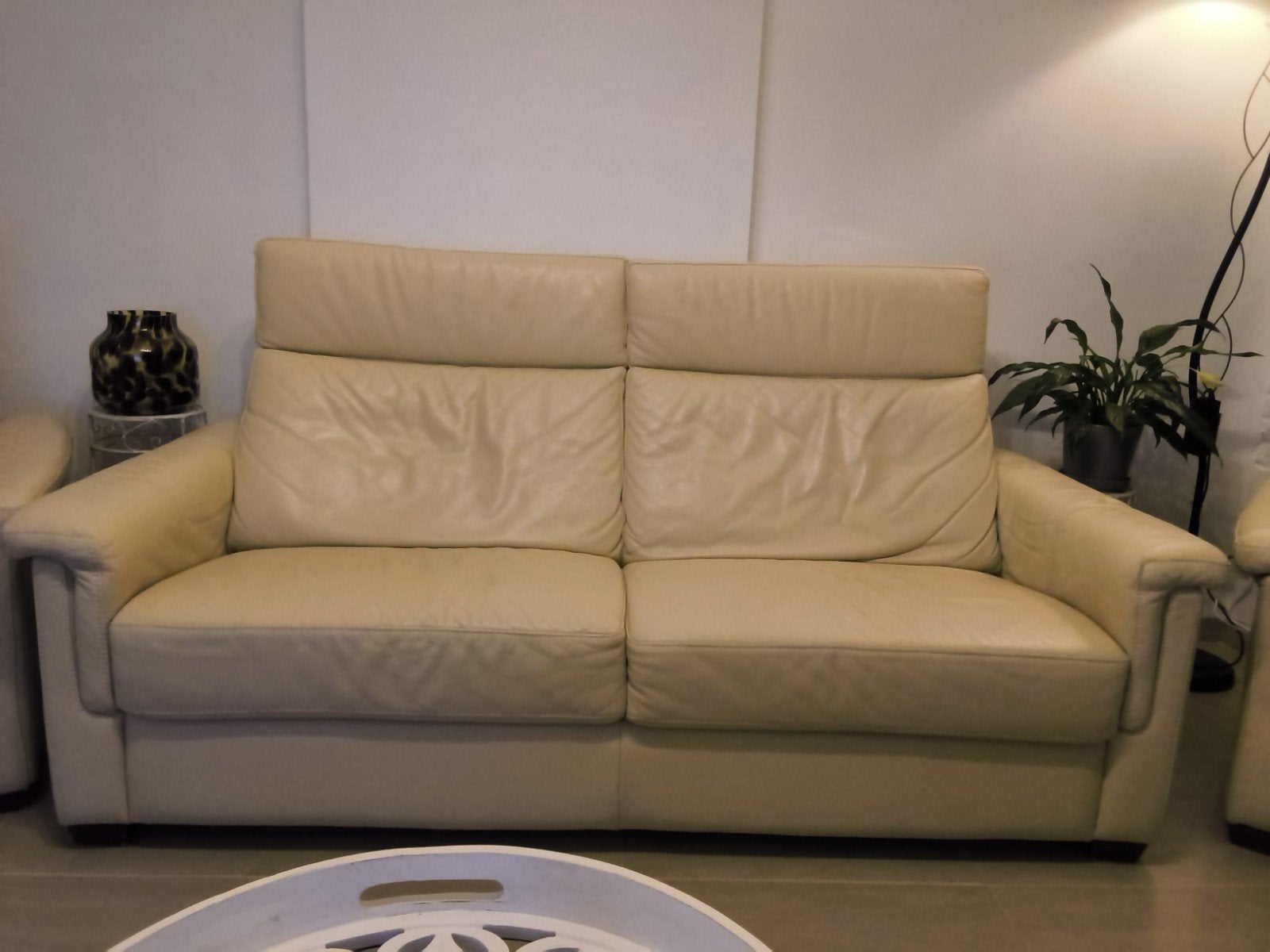 Canapé en cuir ivoire et 2 fauteuils avec relax, Maison & Meubles, Enlèvement, Cuir