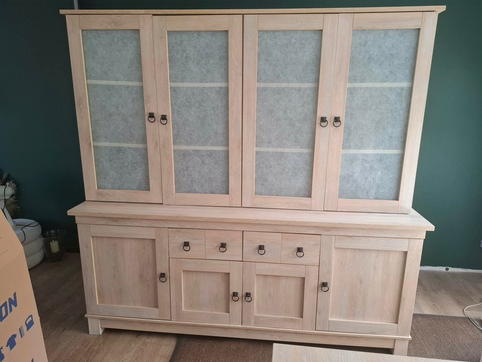 Grote buffetkast - vitrine kast eetkamer in lichteiken kleur, Ophalen, Gebruikt, 200 cm of meer, Met lade(s)