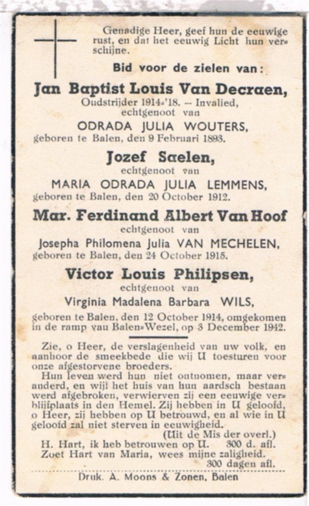 4 Omgekomen in de ramp van Balen-Wezel 1942, Verzamelen, Bidprentjes en Rouwkaarten, Ophalen of Verzenden, Bidprentje