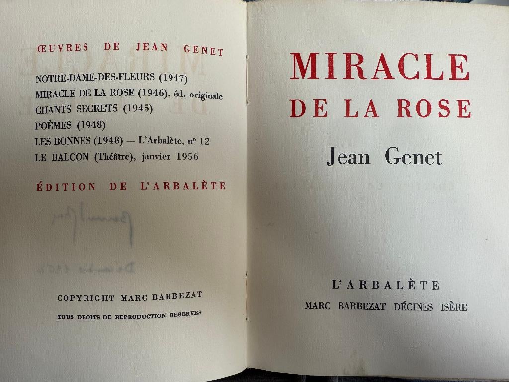 GENET Jean | Miracle de la Rose |  L'ARBALETE, Très bon état, Livres, Livres Autre, Envoi