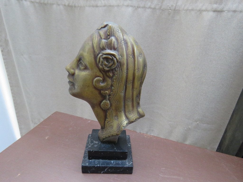 Art deco vrouwenhoofd buste brons marmer 1930s, Antiek en Kunst, Ophalen of Verzenden