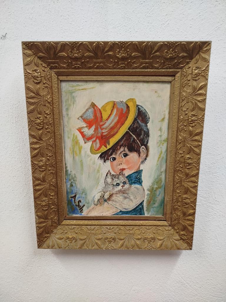 Vintage schilderij big eyes girl, Antiquités & Art, Curiosités & Brocante, Enlèvement ou Envoi