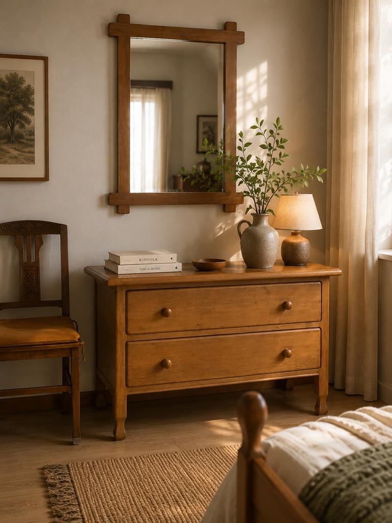 Vintage mid century commode met spiegel eik– massieve eik, Huis en Inrichting, Tafels | Kaptafels, Zo goed als nieuw, Hout, Ophalen