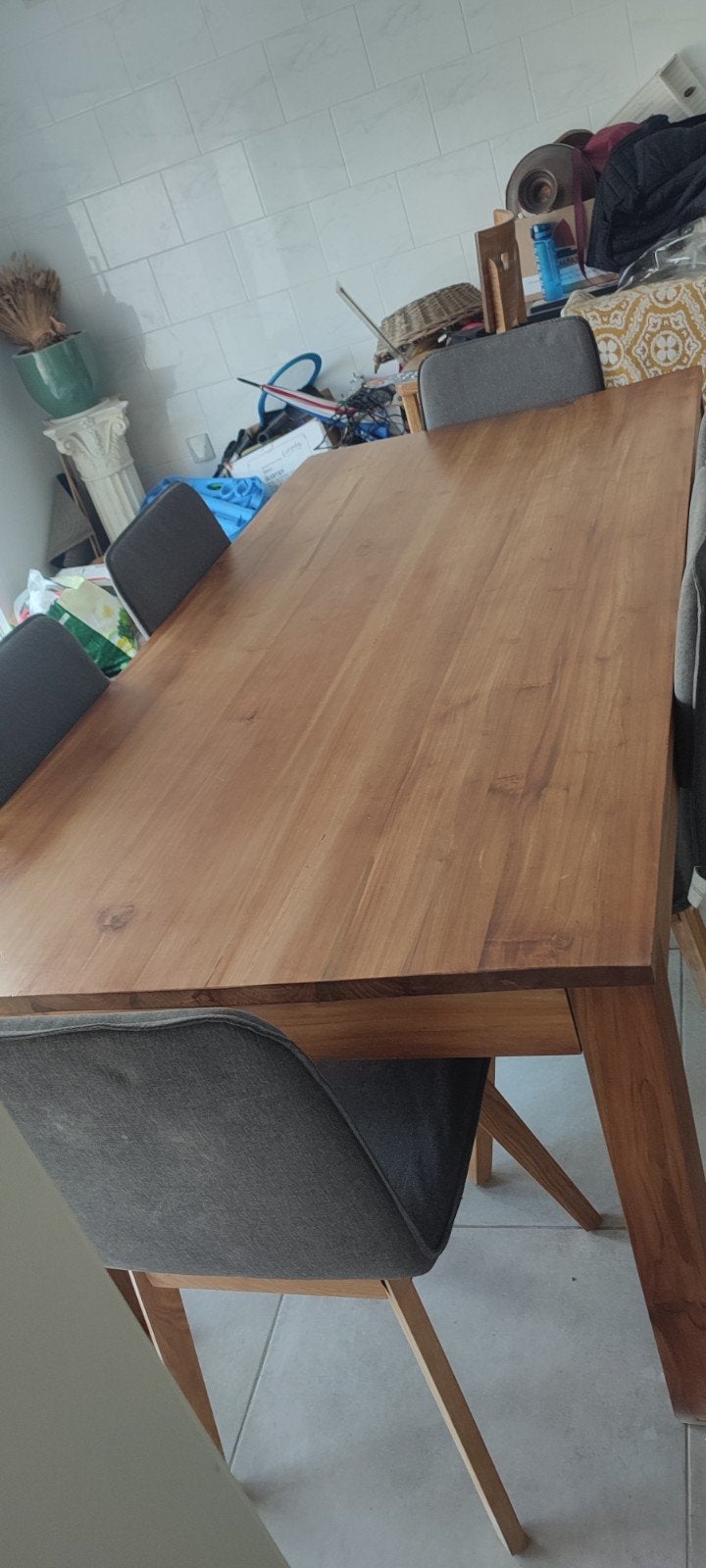 Table à manger avec rallonge en bois massif et avec 6 chaise, Teck, 150 à 200 cm, Utilisé, 200 cm ou plus