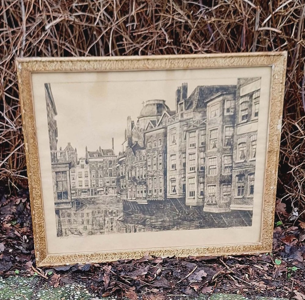 Ets van Rotterdamse gracht 'Het Steigers' van J.T.N. Schep., Antiek en Kunst, Kunst | Etsen en Gravures, 63 cm, Ets, Stadsgezicht