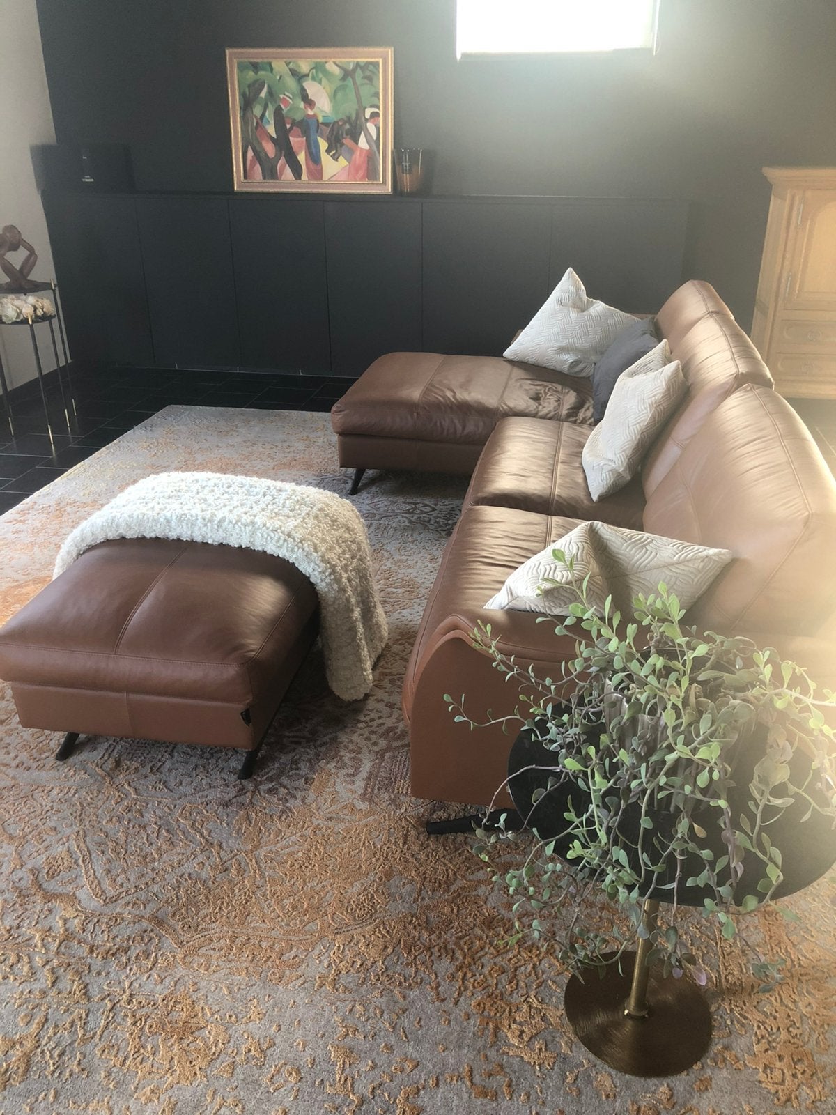 Sofa FLEXLUX Glow 3-zits + chaiselong + voetenb LEER cognac, Huis en Inrichting, Zetels | Zetels en Chaises Longues, Ophalen, Zo goed als nieuw