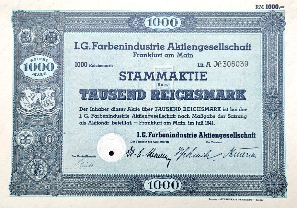 IG FARBEN aandeel (Zyklon B) 1941 uitgave!, Enlèvement ou Envoi, Autres types
