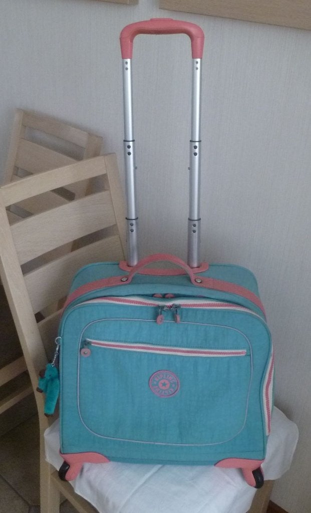 Kipling trolley "manary" 4 roues turq et rose + singe, 40 à 50 cm, Enlèvement ou Envoi, Autres couleurs, Utilisé