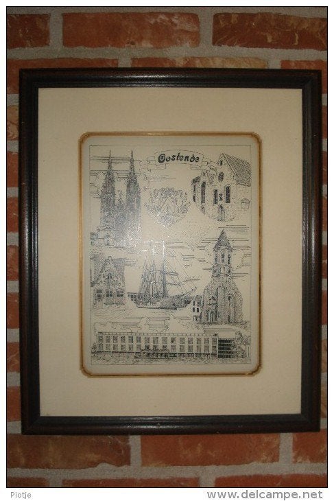 oude gravure - Ets Oostende, kader, tekening G. Swaenepoel, Ophalen of Verzenden, Ets, Gesigneerd