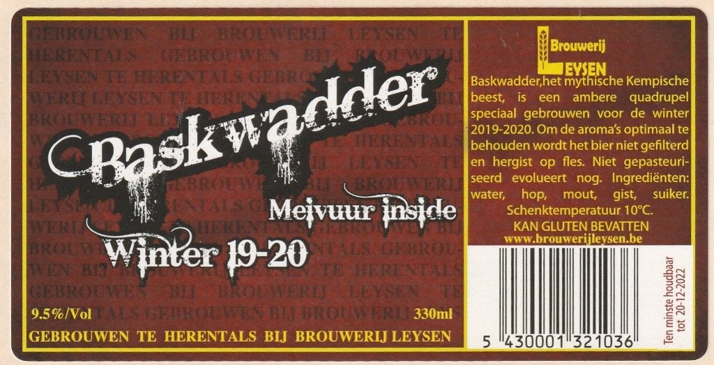 bieretiket België Leysen : Baskwadder Winter, Verzamelen, Biermerken, Verzenden, Nieuw, Overige typen, Overige merken