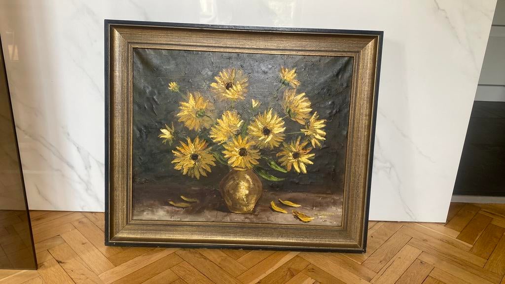 Schilderij zonnebloemen op doek gesigneerd en gedateerd, Enlèvement