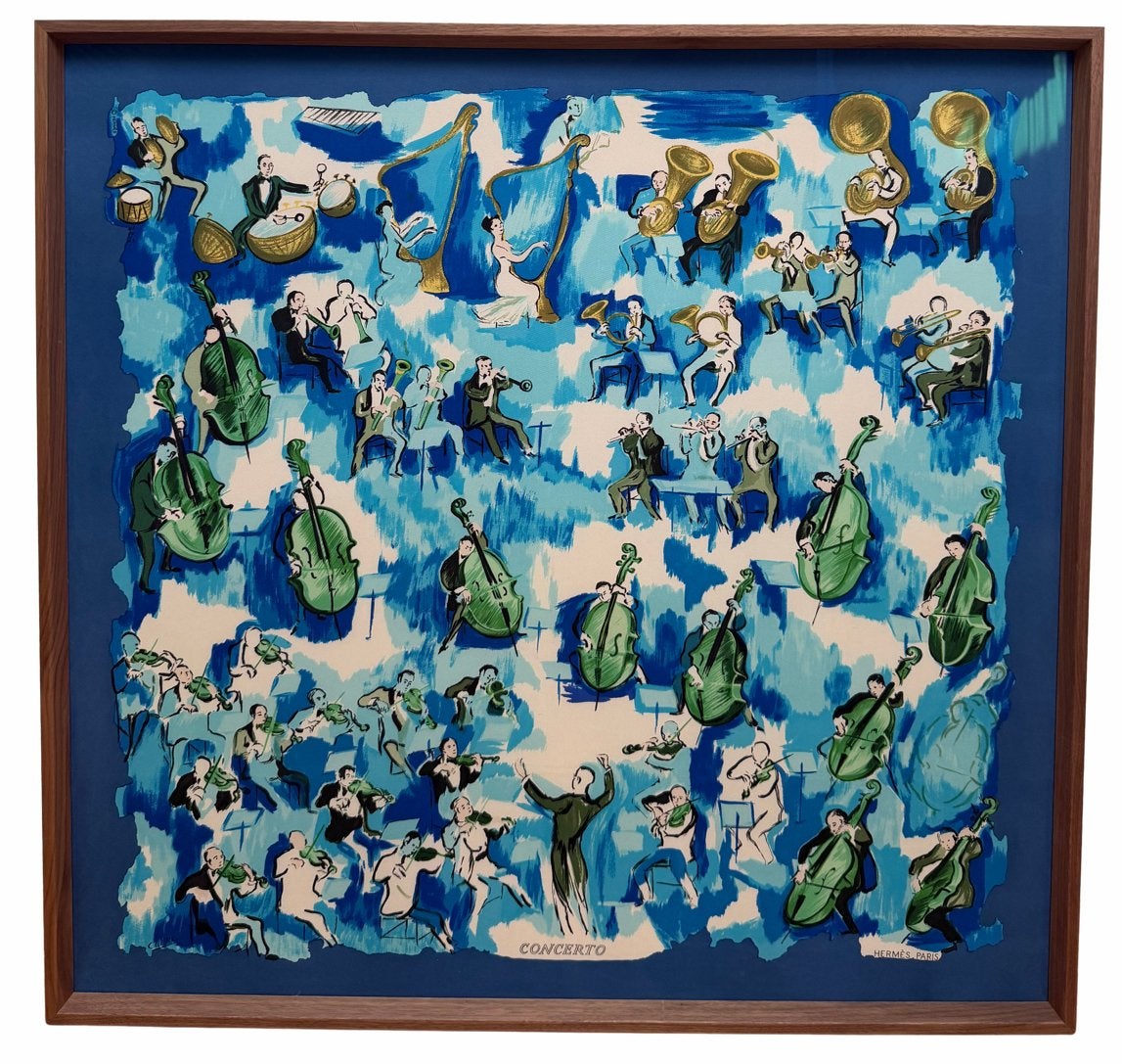 Concerto en soie Hermès - nouvellement encadré, Antiquités & Art, Enlèvement ou Envoi, Bleu